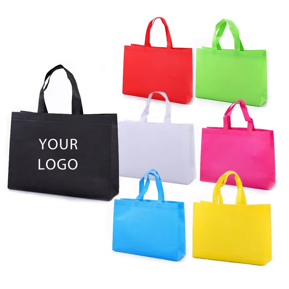 Wholesale, affordable, reusable, high-quality, ultra wide non-woven tote bags, grocery shopping bags with customized printed logos
