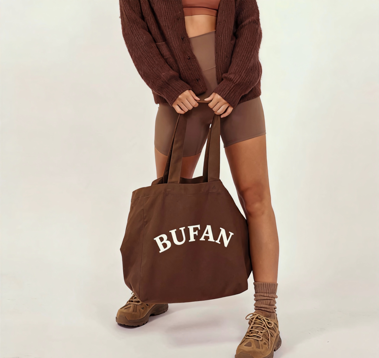 BFYS Brown Large Cotton Canvas Handbag with Letter Pattern Rope Handle Reusable Durable Grocery Shopping Yoga Sports Gift Bag